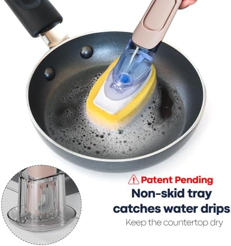 RIMAY Dish Brush Set with Soap Dispenser, 2 Refills and Storage Holder | Soap Dispensing Dish Brush dish scrubber with handle for Cleaning Dishes, Pans, Sink, Pots, Pink