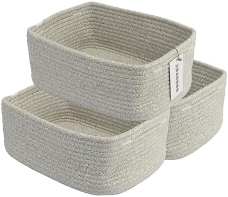 XUANGUO Small Woven Storage Baskets for Shelves, 13" x 9" x 5", Gray | Decorative rope storage bins for closets and toy storage; cute organizer baskets, empty gift baskets and nursery storage.