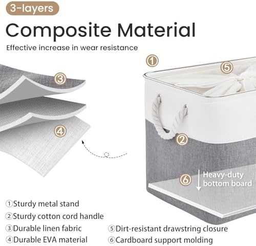 16x12x12 In Foldable Fabric Large Storage Bins with Handle 1 Pack | Storage Basket with Draw String Top, Sturdy Metal Strand, Cardboard Support Molding, for Shelf, Closet, Bedroom, White/Gray