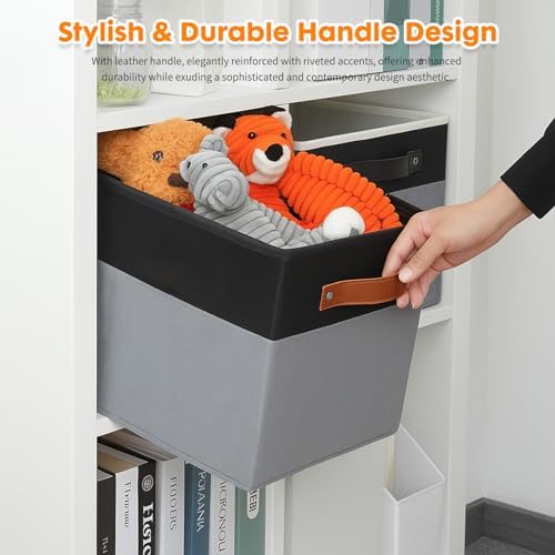 ShellKingdom Storage Bins, Two-Tone Foldable Fabric Storage Cubes with Leather Handle for Closet Toys Clothes Storage Organizer Drawer, 10.5 X 10.5 X 11 inch, 2 Pack (Black/Grey)