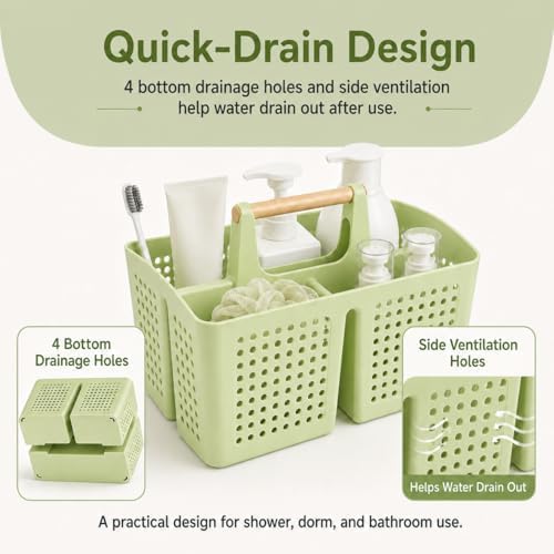Portable Shower Caddy Basket with 3 Compartments and Handle, Grass Green | Plastic Divided Storage Caddy for Camping, RVs, Outdoor Showers, Bathrooms, Laundry Rooms and Cleaning Supplies