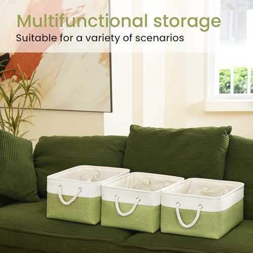 15.7x11.8x8.26 Inch Fabric Large Storage Bins with Handles 3 Pack | Foldable, Sturdy Metal Strand, Cardboard Support Molding, Fabric Storage Baskets for Shelves, Closet, Bedroom, White/Green