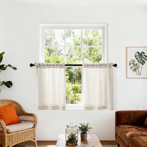 Beige Semi Sheer Linen Kitchen Curtains 24 Inch Length 2 Panels | Cream, Cafe Short Curtains, for Bathroom Small Windows, Light Filtering, Farmhouse, Rod Pocket Drapes, 25x24 Inches Long