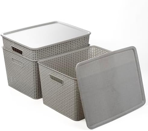 BINO | Plastic Storage Baskets with Lids, 33 Liter - 3 Pack, Natural Grey | THE WOVEN COLLECTION | Storage Basket for Shelves | Woven Storage Baskets for Organizing Bins | Pantry Shelf Organizer Bin