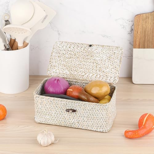 Sumnacon Wicker Basket with Lid,Tampon Holder for Bathroom,Whitewash,XS | Natural Seagrass Female Product Organizer for Toiletries Pad Tampon Storage,Farmhouse Woven Baskets for Shelf, Toilet Tank
