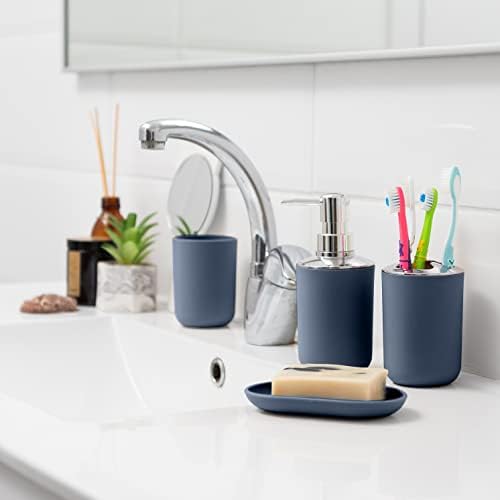 Moss & Stone 6-Piece Blue Bathroom Accessories Set, Soap Dispenser | Modern Plastic Bathroom Set with Toothbrush Holder, Soap Dish, Cup & Trash Can for Countertop Organization and Bathroom Decor