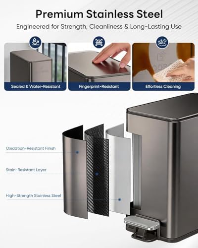 10L/2.6G Slim Bathroom Trash Can, Narrow Stainless Steel Soft-Close Step Pedal Bin with Lid, Odor Control Carbon Box, Removable Inner Bucket, Small Waste Bin for Bedroom, Office, RV (Gray)
