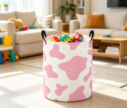 Baby Laundry Basket Baby Nursery Hamper Kids Laundry Basket Toy Storage Bin for Boys Room Decor Gift Baskets for Bedroom Bathroom(Pink Cow)