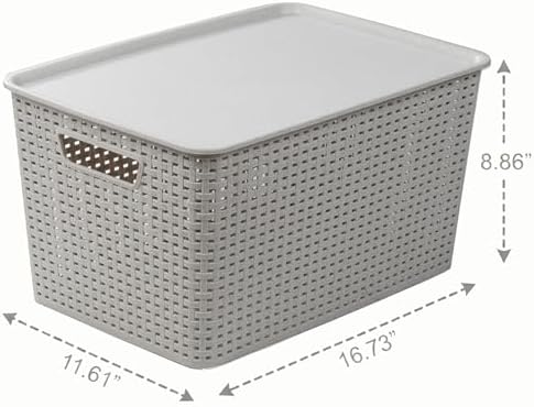 BINO | Plastic Storage Baskets with Lids, 22 Liter - 3 Pack, Natural Grey | THE WOVEN COLLECTION | Storage Basket for Shelves | Woven Storage Baskets for Organizing Bins | Pantry Shelf Organizer Bin