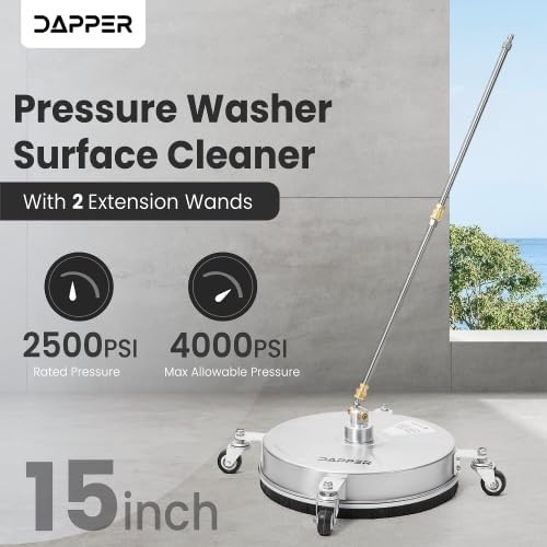 Dapper Supply 15 in. Pressure Washer Surface Cleaner in Stainless Steel w/Wheels, 4000 Max PSI, 3/8" Connector & 2 Extension Wands. Ideal for Driveways, Sidewalks, Patios, Decks