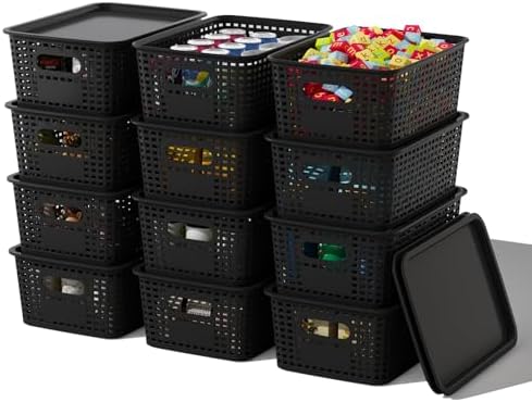 ORGIDOL Plastic Storage Basket with Lids 12 Pack Stackable Black Storage Bins Containers with Lid, Decorative Storage Boxes for Organizing Shelves, Drawers, Playroom, Classroom, Office, Closet
