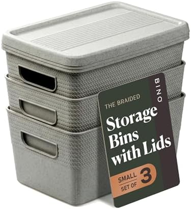 BINO | Plastic Storage Bins with Lids, 5 Liter - 3 Pack, Natural Grey | THE BRAIDED COLLECTION | Plastic Bins for Organization Woven Storage Baskets for Organizing Pantry Shelf Organizer Basket Bin