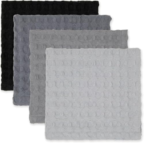 12 Pack Gray and Black Waffle Weave Dishcloths, 3 Sets of 4 Reusable 100% Cotton Kitchen Cleaning Cloths, 12x12 Inch, Super Absorbent, Quick Dry, for Dishes, Countertops, Hands, Eco-Friendly