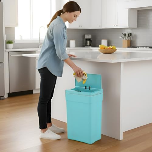 PayLessHere | 13 Gallon Plastic Trash Can with Lid | Blue | Automatic Touchless Garbage Can | Waterproof & Easy to Clean | For Kitchen, Bathroom, Home or Office | Pack of 2