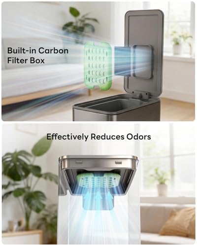 10L/2.6G Slim Bathroom Trash Can, Narrow Stainless Steel Soft-Close Step Pedal Bin with Lid, Odor Control Carbon Box, Removable Inner Bucket, Small Waste Bin for Bedroom, Office, RV (Gray)