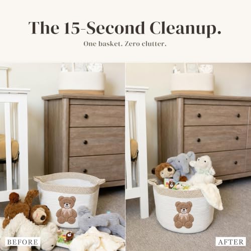 Teddy Bear Baby Storage Basket, Woven Cotton Rope Nursery Bin, 15x11 in | Stuffed Animal and Blanket Storage, Embroidered Bear Patch, Gender Neutral Nursery Decor, Shower Gift, Playroom Organizer