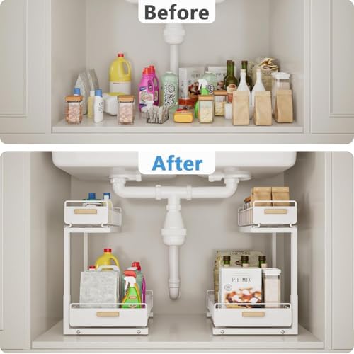 Under Sink Organizer Kitchen - Upgraded Professional Rails, 2 Tier Dual Pull Out Cabinet Storage, Height Adjustable Under Sink Storage, Metal Sliding Drawer for Kitchen & Bathroom, White, 1 Pack