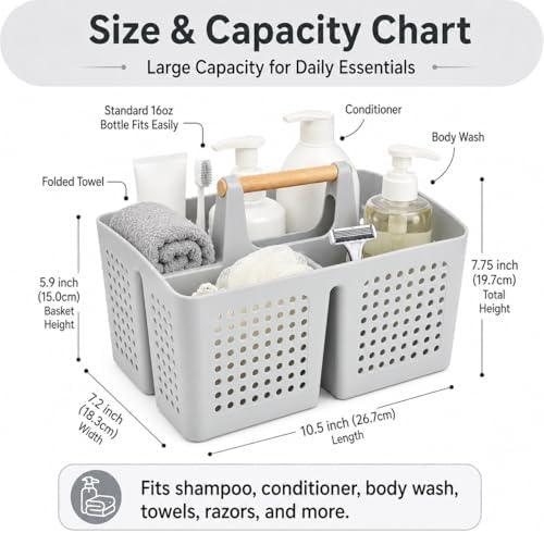 Portable Shower Caddy Basket with 3 Compartments and Handle, Light Gray | Plastic Divided Storage Caddy for Bathrooms, Apartments, Guest Rooms, Offices, Crafts and Under-Sink Organization