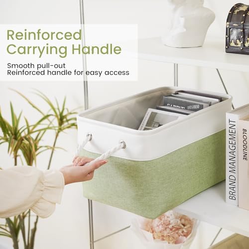 15x11x10 In Foldable Fabric Large Storage Bins with Handle 6 Pack | Organizer Baskets, Sturdy Metal Strand, Cardboard Support Molding, Storage Baskets for Shelves, Closet, Bedroom, White/Green
