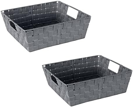 Simplify Large Shelf Woven Strap Tote | Decorative Storage Basket | Built in Handles | Organization | Closet | Bedroom | Bathroom | Nursery | Accessories | Toys | Gifts | 2 Pack | Grey