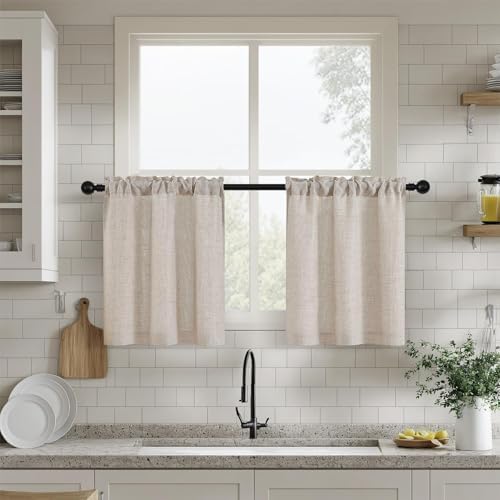Semi Sheer Kitchen 24 Inch Short Curtains 2 Panels Set Flax Linen | Light Filtering, Boho Farmhouse Elegant Drapes, for Bathroom Laundry RV Cafe Windows, Tan Beige Curtain, Rod Pocket, W25xL24