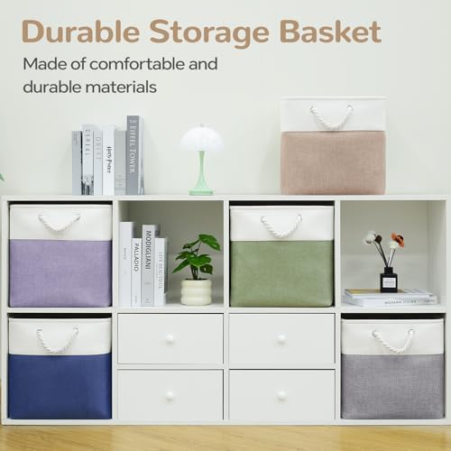 12x12 Inch Foldable Fabric Cube Storage Bins with Handles 4 Pack | Sturdy Metal Strand, Cardboard Support Molding, Storage Basket, Cube Storage Bin for Shelves, Closet, Bedroom, White/Khaki