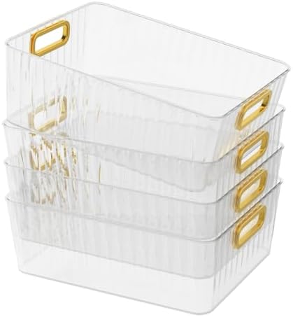 4 Packs Clear Plastic Storage Bin, Pantry Organizer Bin | Clear Containers With Built-in Handles, Multipurpose for Refrigerator, Kitchen, Freezer Organization