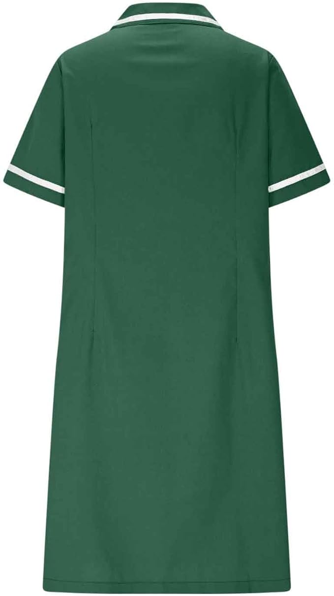 Women's Short Sleeve Work Dress Lapel Button Front Nursing Workwear Casual Housekeeping Scrubs Dress with Pockets