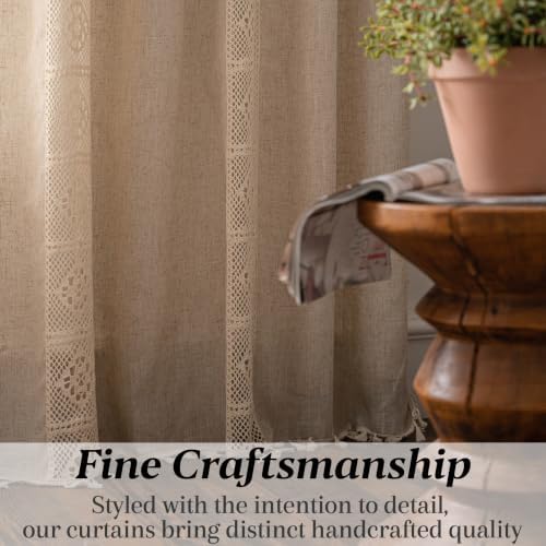 Sutuo Home Boho Curtains for Bedroom Nursery, Bohemian Semi-Blackout Geometric Crochet Hollow Lace Patchwork with Textured Linen Fabric Farmhouse Tassels Rod Pocket Window Drapes, 59"W x 72"L, 1 Panel
