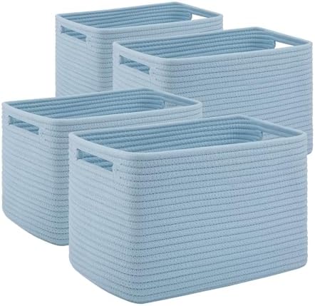 4 Pack Storage Baskets for Organizing Toys, Towels, and Clothes, Woven Basket for Shelves, Sturdy Nursery Cube Bins for Storage, 13''L x9''W x7.8''H, Blue