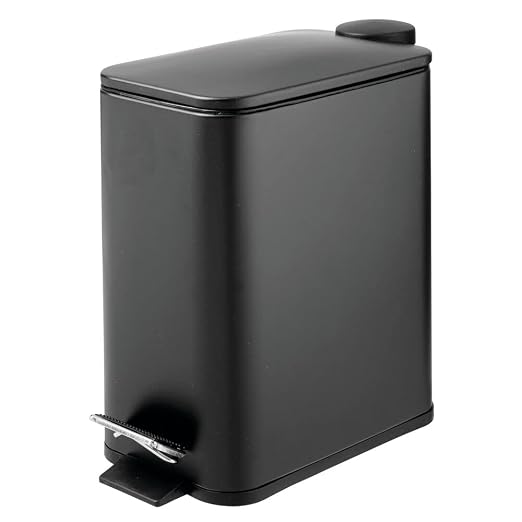 mDesign Slim Metal Rectangle 1.3 Gallon/5 Liter Trash Can with Step Pedal, Easy-Close Lid, Removable Liner - Narrow Wastebasket Garbage Container Bin for Bathroom, Bedroom, Kitchen - Black