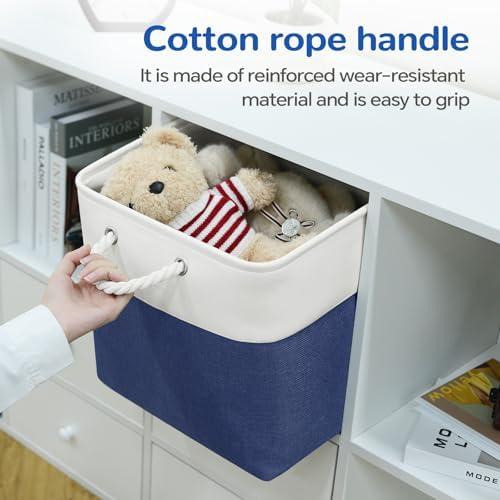 13x13 Inch Foldable Fabric Cube Storage Bins with Handles 6 Pack | Sturdy Metal Strand, Cardboard Support Molding, Storage Basket, Cube Storage Bin for Shelves, Closet, Bedroom, White/Blue