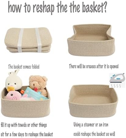XUANGUO Small Woven Storage Baskets for Shelves, 13" x 9" x 5", Oatmeal | Decorative rope storage bins for closets and toy storage; cute organizer baskets, empty gift baskets and nursery storage.