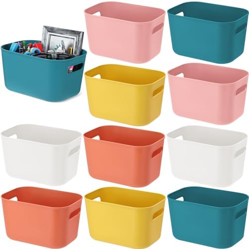 10 Pack Plastic Storage Bins for Classroom Organization School Supplies | 9.7" x 6.9" x 5.7" Small Colorful Bins, Built in Handles, Stackable Design, Teacher Desk Use, Home School Library Ready