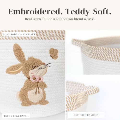 Bunny Baby Storage Basket, Woven Cotton Rope Nursery Bin, 15x11 in | Stuffed Animal and Blanket Storage, Embroidered Bunny Patch, Neutral Nursery Decor, Baby Shower, Playroom Organizer