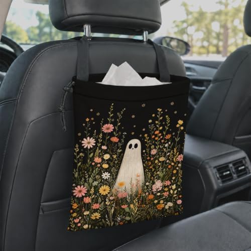 Halloween Ghost Wildflower Car Garbage Bag Canvas Trash Can | Cottagecore Floral Halloween Drawstring Car Trash Bag Hanging for Back Seat with Adjustable Buckle