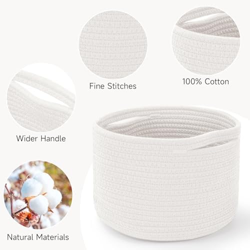 3 Pack Small Rope Storage Baskets, 9.82×9.82×7.1", White | Cotton Basket for Gifts Empty, Cute Round Woven Basket, Decorative Shelf Basket Organizer, Organizing Basket for Shelves