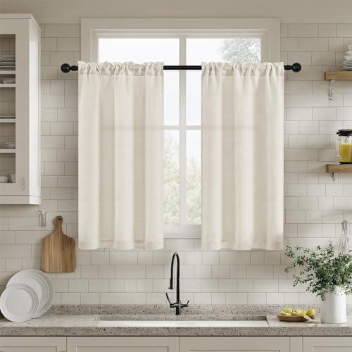 Kitchen Curtains 36 Inch Length 2 Panels Cafe Bathroom Short Window | Linen, Semi Sheer Light Filtering Curtain, for Laundry RV, Farmhouse Natural Drapes, Rod Pocket, 36 Inches Long, W25xL36