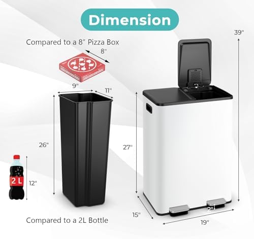 Goplus 16 Gallon/ (2x30L) Stainless Steel Trash Can, Kitchen Trash Bin w/Dual Removable Inner Buckets, Soft Closure & Step-on Pedal, Deodorizer Compartment, Garbage Bin for Recycling, White