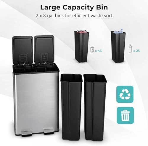 Goplus Dual Trash Can, 16 Gallon/ (2x30L) Double Trash and Recycling Bin Combo for Kitchen, Stainless Steel Garbage Can with 2 Removable Inner Buckets, Soft Closure & Step-on Pedal