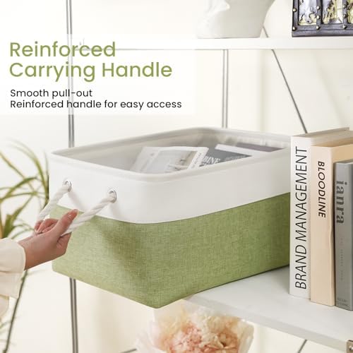 15.7x11.8x8.26 Inch Fabric Large Storage Bins with Handles 6 Pack | Foldable, Sturdy Metal Strand, Cardboard Support Molding, Fabric Storage Baskets for Shelves, Closet, Bedroom, White/Green