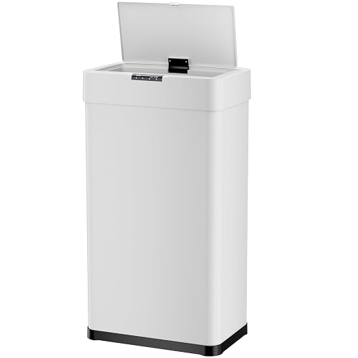 Sensor Trash Can, Touchless Motion Sensor Trash Bin | Smart Automatic Garbage Can with Soft-Close Lid, Bag Retainer Ring and Display Light, for Kitchen, Office (White, 13.2 Gal)