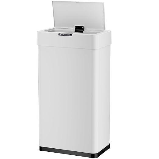 Sensor Trash Can, Touchless Motion Sensor Trash Bin | Smart Automatic Garbage Can with Soft-Close Lid, Bag Retainer Ring and Display Light, for Kitchen, Office (White, 18.5 Gal)