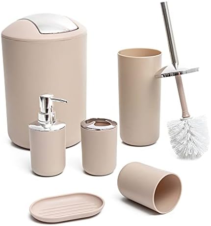 Moss & Stone 6-Piece BeigeBathroom Accessories Set, Soap Dispenser | Modern Plastic Bathroom Set with Toothbrush Holder, Soap Dish, Cup & Trash Can for Countertop Organization and Bathroom Decor