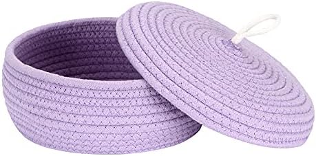 Sea Team Round Woven Cotton Rope Storage Basket with Lid, Lavender | Lidded Knitted Decorative Storage Bin, Pot, Caddy, Organizer, Container for Snacks, Towels, Plants, 10 x 4.5 Inches