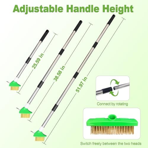 3-in-1 Crack Weeder Tool with Wire Brush & Scraper, Adjustable Long Handle | Moss Remover with Wire Brush & Scraper, Stainless Steel Crevice Weeding Puller for Sidewalk, Driveway, Patio, Pavers, Garden
