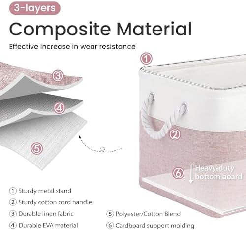 15x11x10 In Foldable Fabric Large Storage Bins with Handle 6 Pack | Organizer Baskets, Sturdy Metal Strand, Cardboard Support Molding, Storage Baskets for Shelves, Closet, Bedroom, White/Pink