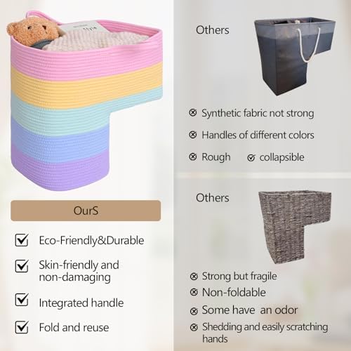 Stair Basket for Wooden & Carpeted Stairs, Foldable Cotton Rope Step Basket with Handles, Staircase Storage Organizer, Fog Grey, 15" Lx 10" W x 15" H