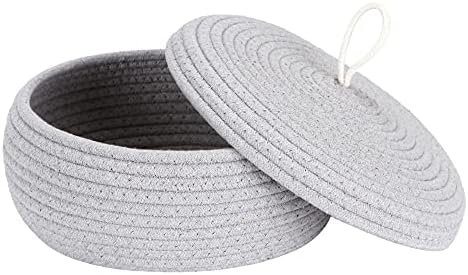 Sea Team Round Woven Cotton Rope Storage Basket with Lid, Gray | Lidded Knitted Decorative Storage Bin, Pot, Caddy, Organizer, Container for Snacks, Towels, Plants, 10 x 4.5 Inches