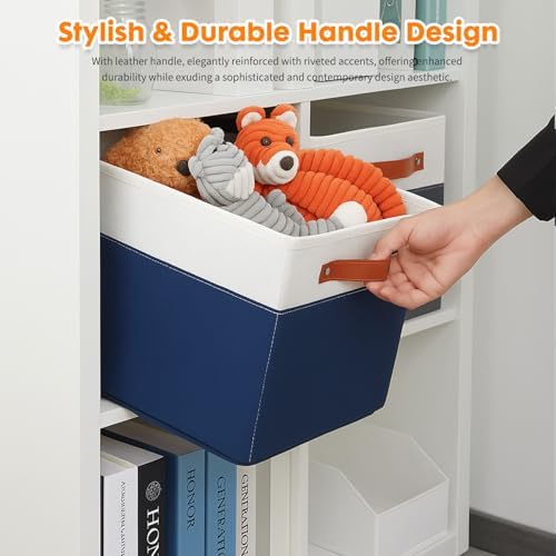 ShellKingdom Storage Bins, Two-Tone Foldable Fabric Storage Cubes with Leather Handle for Closet Toys Clothes Storage Organizer Drawer, 10.5 X 10.5 X 11 inch (White/Dark Blue)
